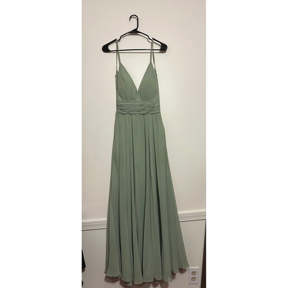 Sage‎ Green V-Neck Pleated Waist Open Back Maxi Formal Bridesmaid Dress Size 2